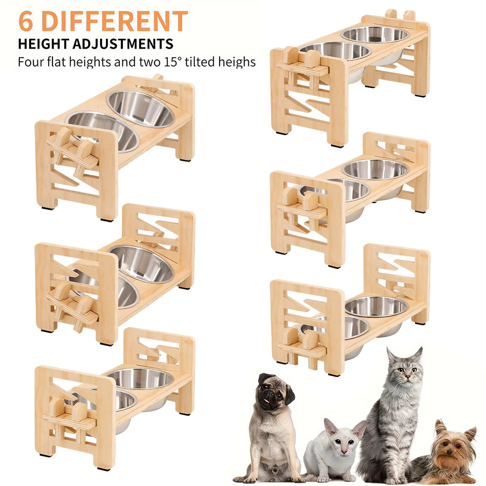 Adjustable wooden bowl stand with steel bowls for small dogs and cats