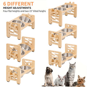 Adjustable wooden bowl stand with steel bowls for small dogs and cats