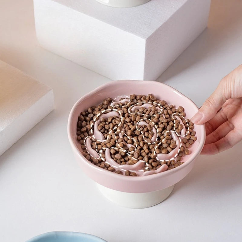 Ceramic raised slow feeder bowl for cats and dogs