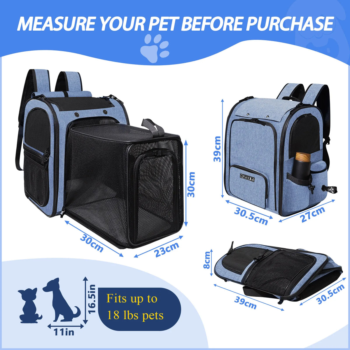 Expandable mesh backpack pet carrier for cats and small dogs