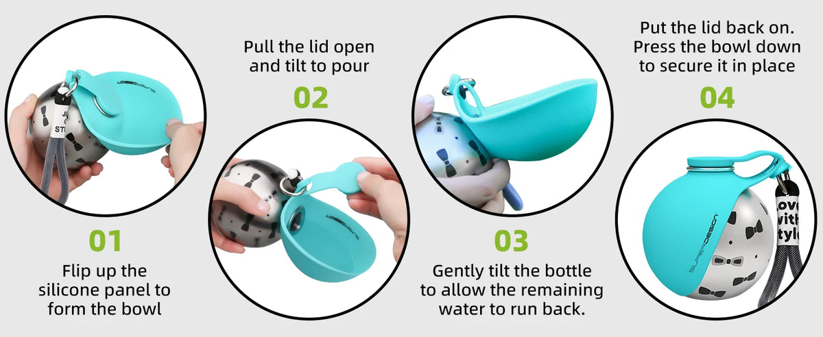 Leak-proof stainless steel water bottle with bowl attachment for dogs