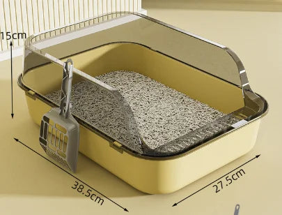 Semi-enclosed cat litter tray with high sides for indoor use