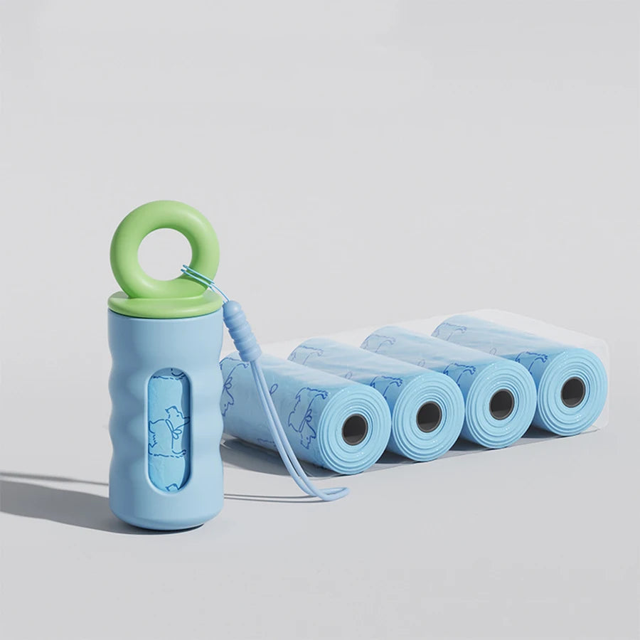 Twist-lock waste bag dispenser with leash attachment strap for dogs