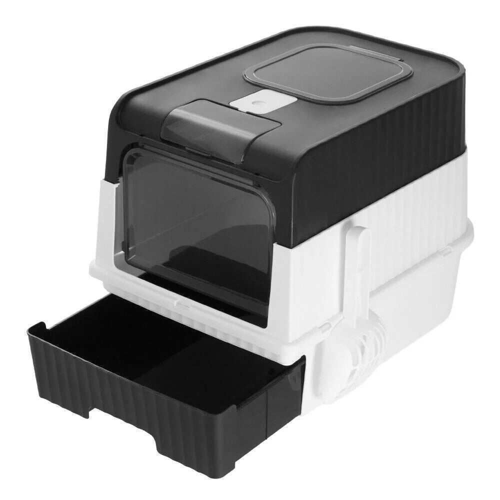 Large hooded cat litter box with odor control and scoop