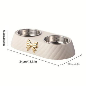 Bow-tie double feeding bowl with stainless steel bowls for dogs and cats