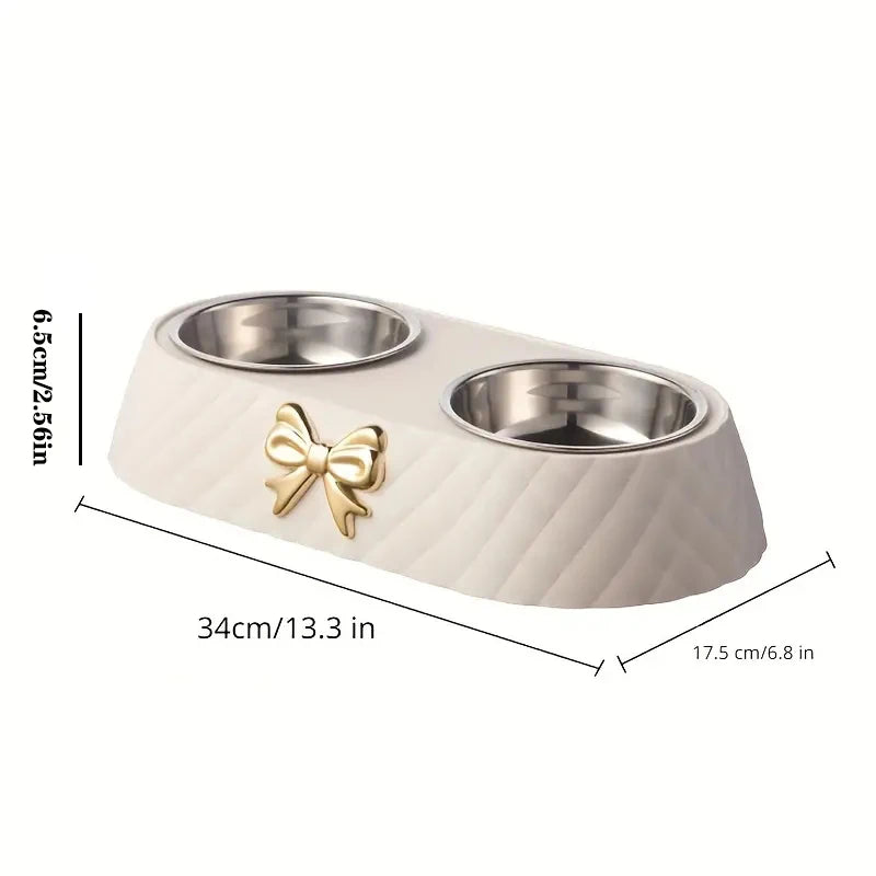 Bow-tie double feeding bowl with stainless steel bowls for dogs and cats