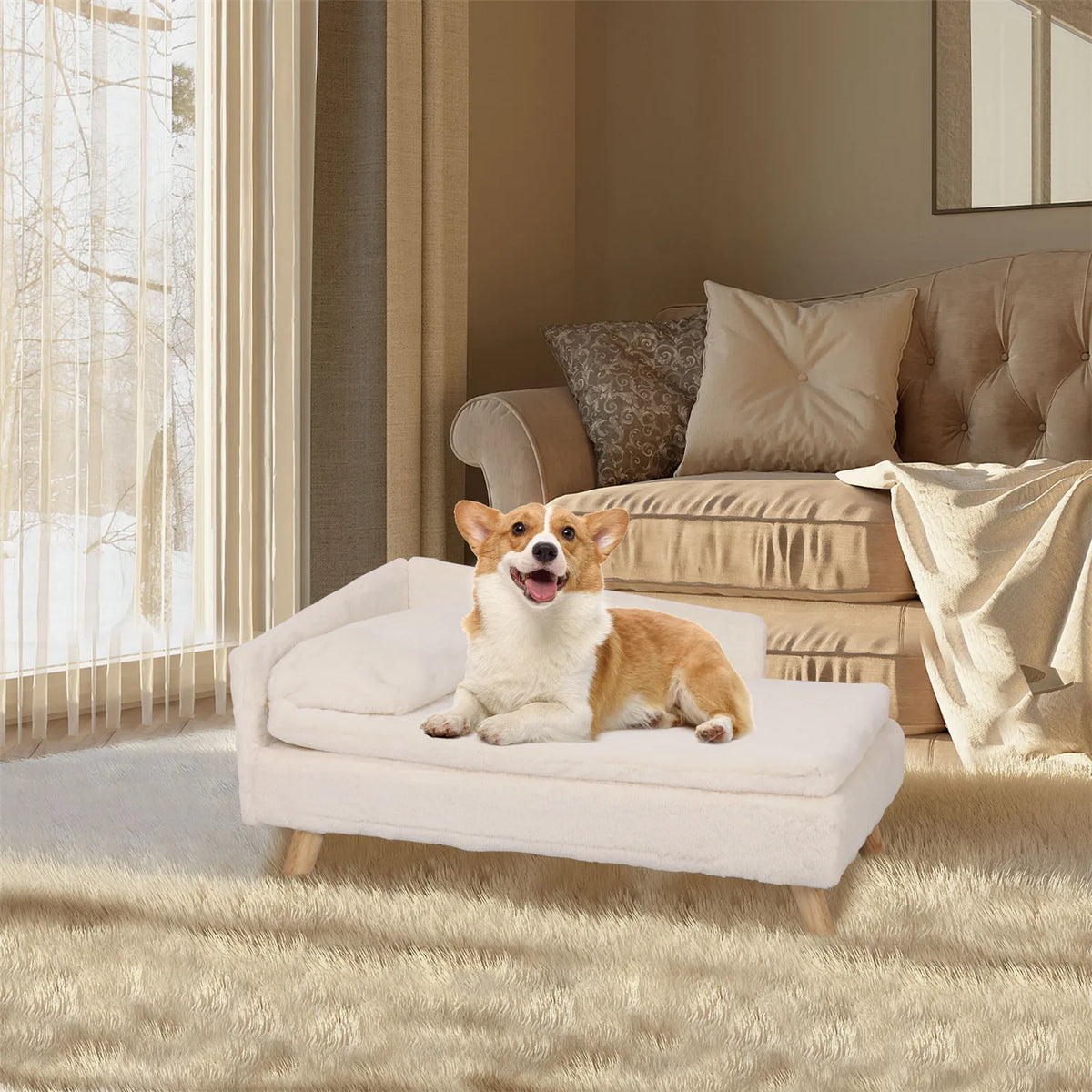 Elevated Nordic-style pet bed with wood legs for small dogs and cats