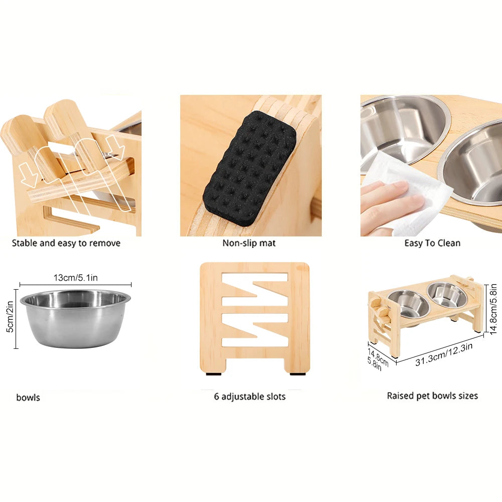 Adjustable wooden bowl stand with steel bowls for small dogs and cats