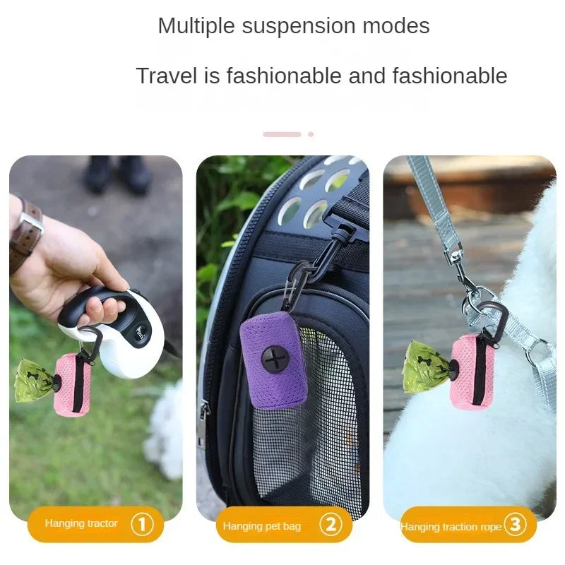 Mesh waste bag dispenser that hangs from a dog lead