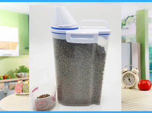 Airtight pet food storage container with measuring scoop for dogs and cats