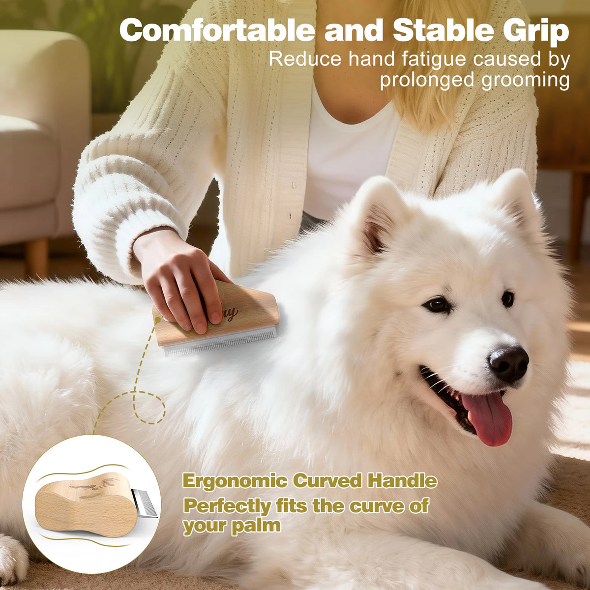 Stainless steel deshedding brush with wooden handle for dogs and cats