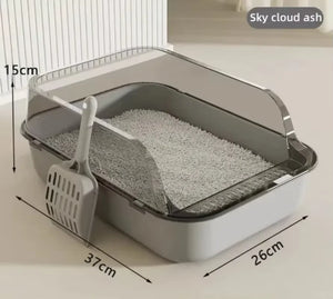 Semi-enclosed cat litter tray with high sides for indoor use