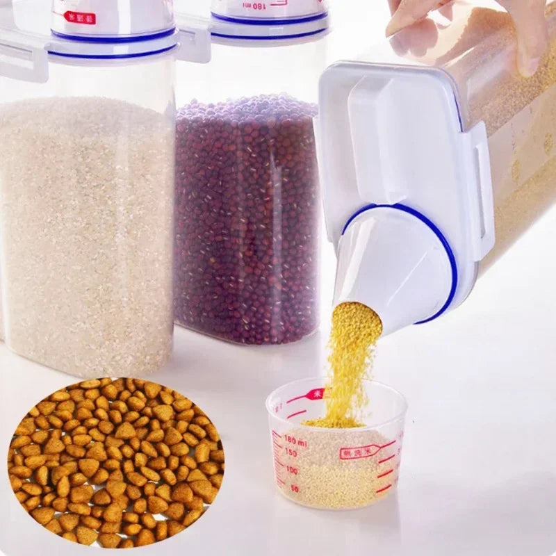 Airtight pet food storage container with measuring scoop for dogs and cats