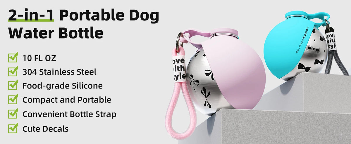 Leak-proof stainless steel water bottle with bowl attachment for dogs