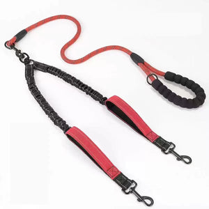 Reflective double dog leash with swivel coupler and traffic handle
