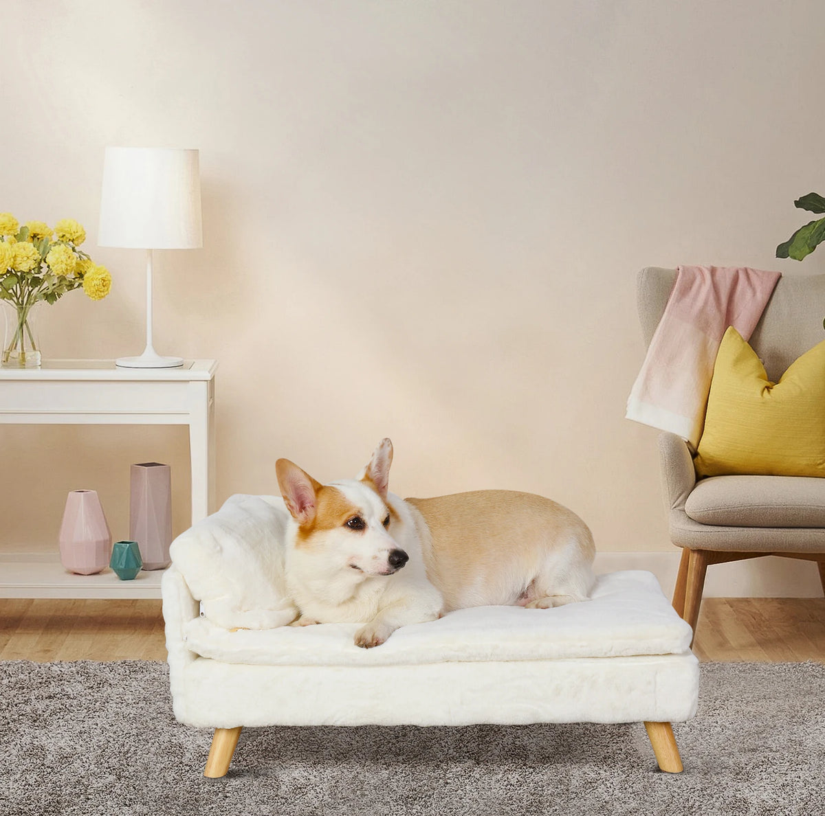 Elevated Nordic-style pet bed with wood legs for small dogs and cats