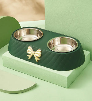 Bow-tie double feeding bowl with stainless steel bowls for dogs and cats
