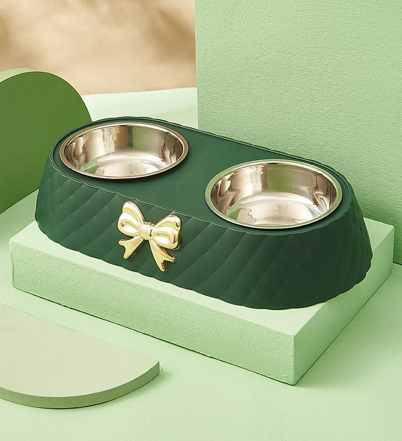 Bow-tie double feeding bowl with stainless steel bowls for dogs and cats