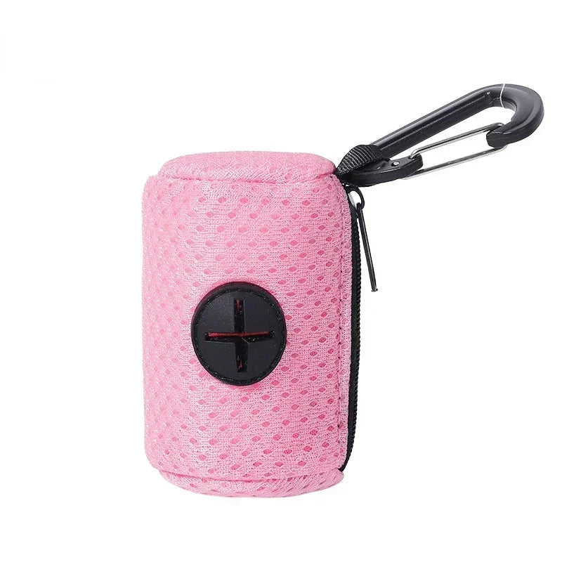 Mesh waste bag dispenser that hangs from a dog lead