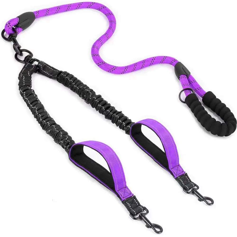 Reflective double dog leash with swivel coupler and traffic handle