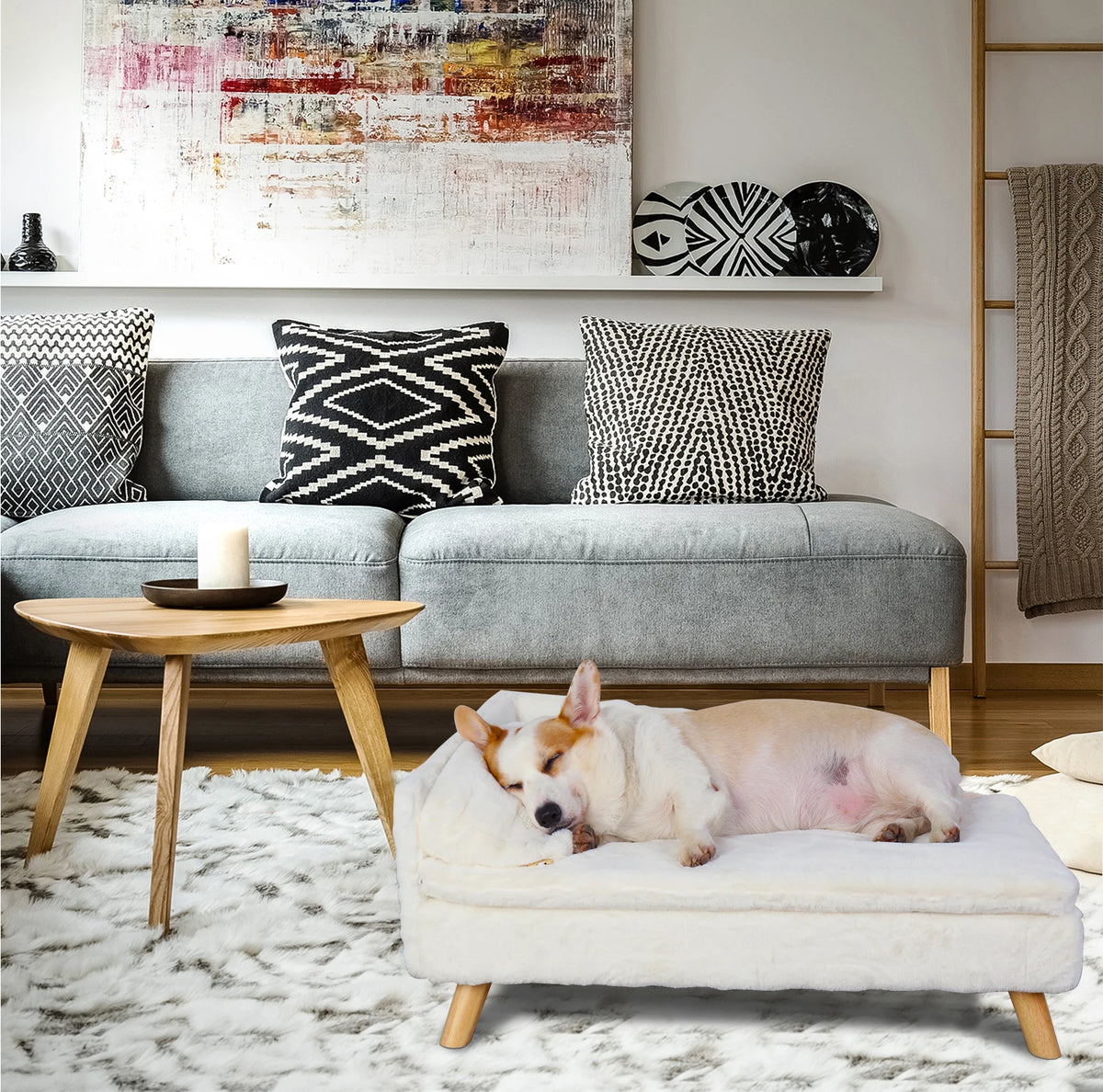 Elevated Nordic-style pet bed with wood legs for small dogs and cats