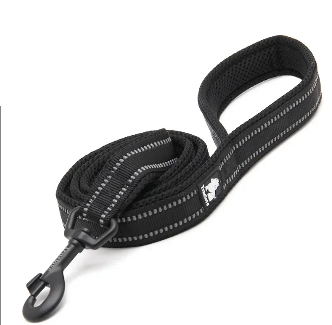 A black nylon dog leash with reflective silver-gray dotted stripes and a black plastic snap hook, shown on a plain white background.