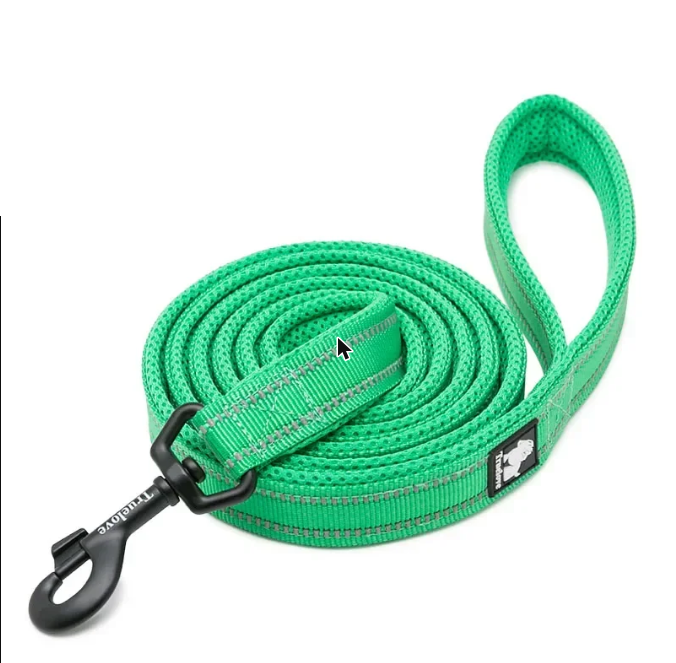 A bright green woven dog leash with a black metal clip and a small black brand patch, coiled on a white background.