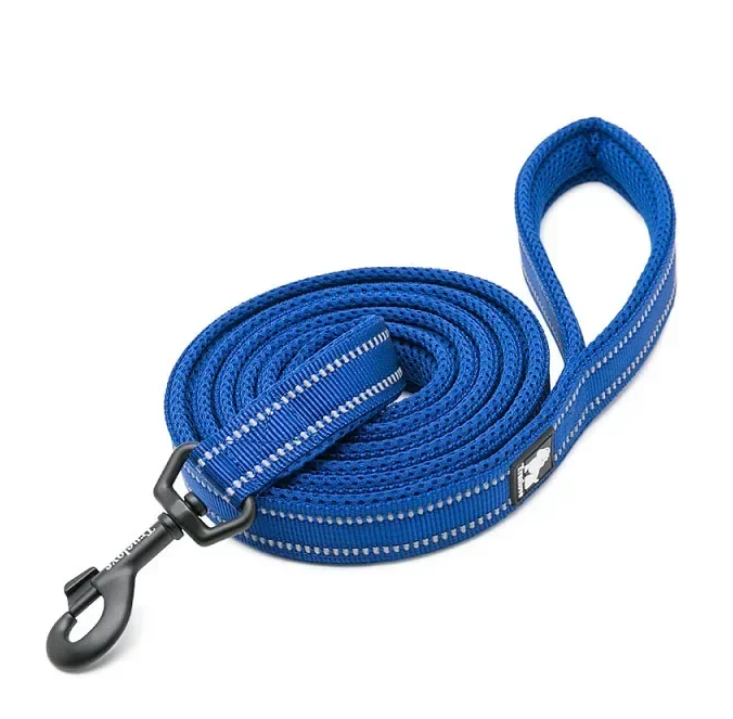 A blue woven dog leash with reflective white stripes and a black metal snap hook, coiled on a white background.